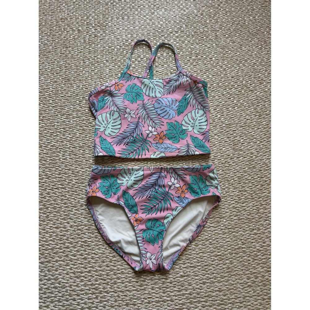 Quince Girls Pink Tropical Palm Leaf Two Piece Tankini Swimsuit Size 10